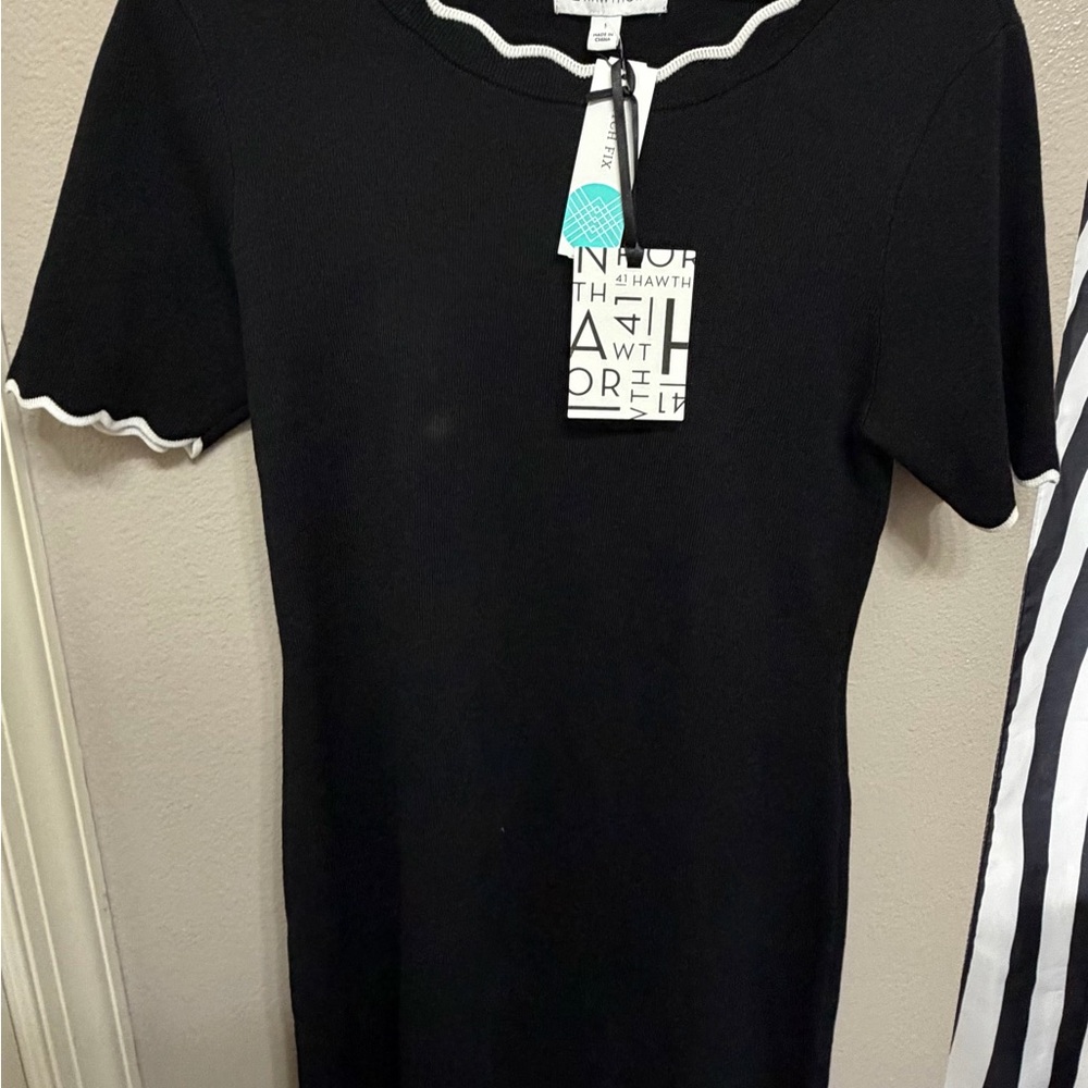 41 Hawthorn Black Short Sleeve Knit Dress with White Scalloped Trim (NWT!)